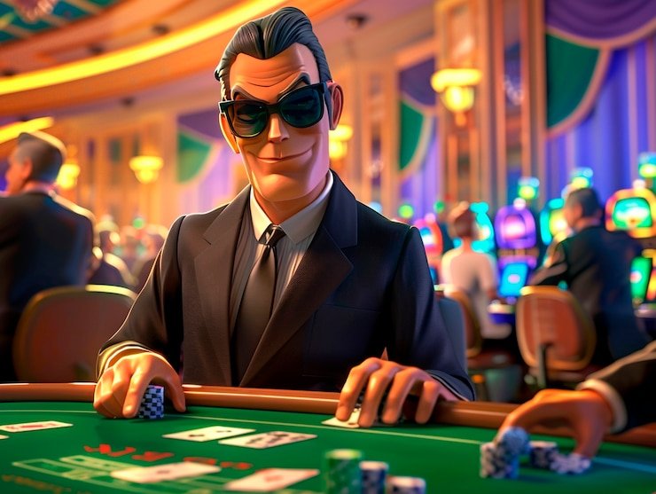 Tampilan meja Caribbean Stud Poker live-dealer di cukongtoto dengan kartu dan chip